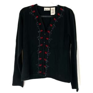 Kathie Lee | Vintage Black Rose Beaded Acrylic Button Cardigan Sweater L